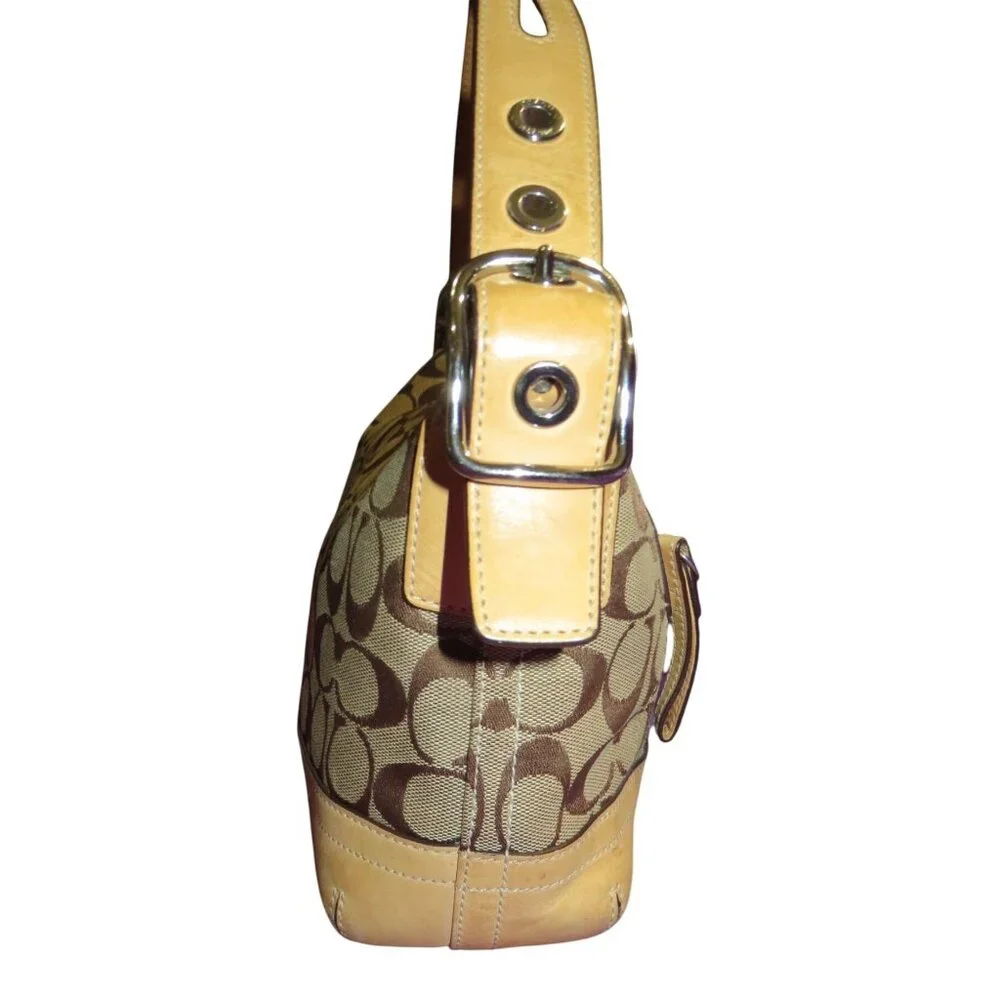 Coach 2005 Y2K Signature Khaki Canvas & Vachetta Leather East West Demi Baguette